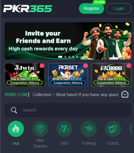 PK365 Game Android interface with available gaming options